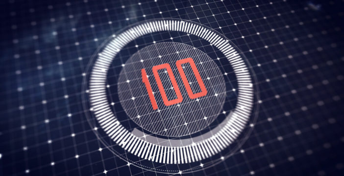 A domain authority score of 100 shows in red