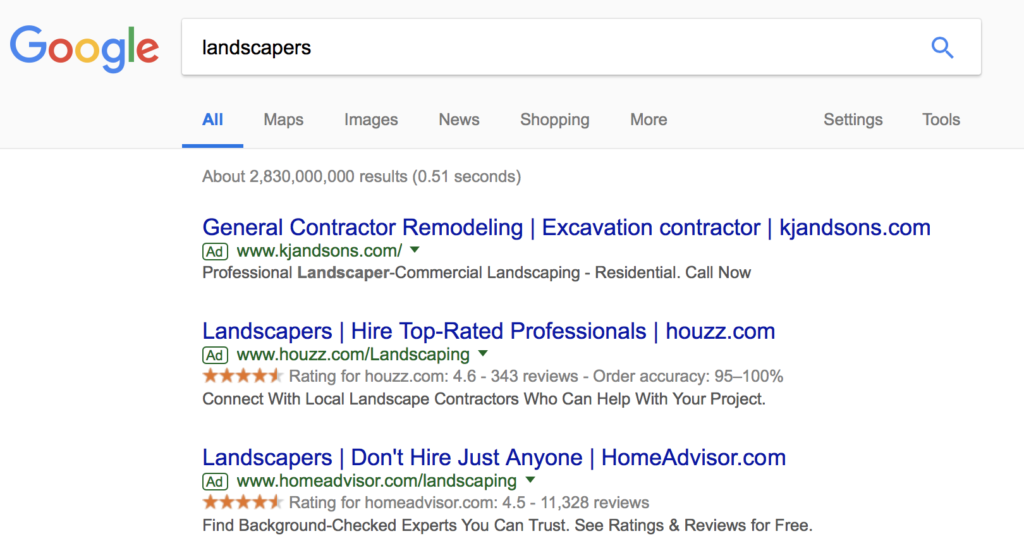 screen shot of Google search feature - Paid Ads