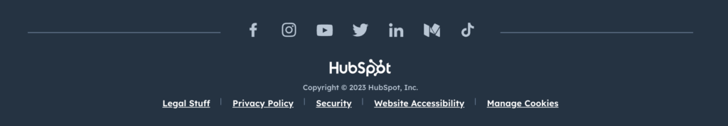 a screenshot of HubSpot's website footer that shows links to their social media accounts