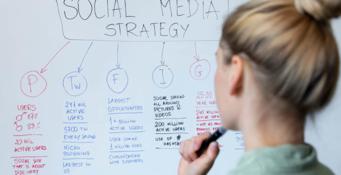 A woman outlines a social media strategy on a whiteboard