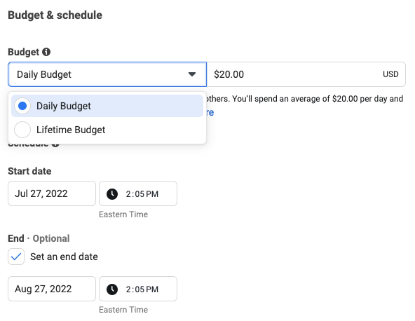 A screenshot showing how to set your budget and set a start and end date for your campaign 