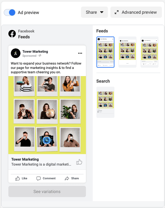 A screenshot example of how Facebook will show you previews of your ad 