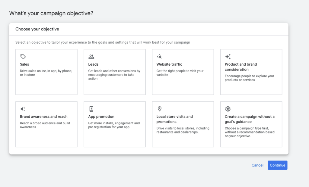 Select Campaign Objective screen in Google Ads