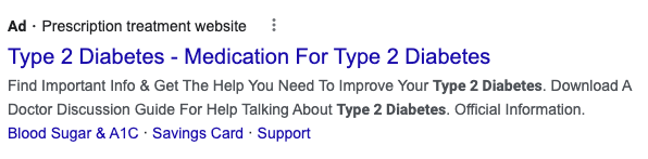 Screenshot of a general non-branded medication ad for diabetes on Google.