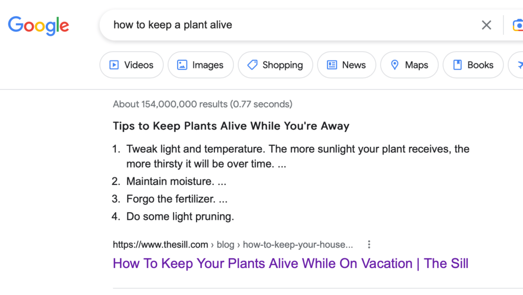 A featured snippet example in Google's search results on how to keep a plant alive.
