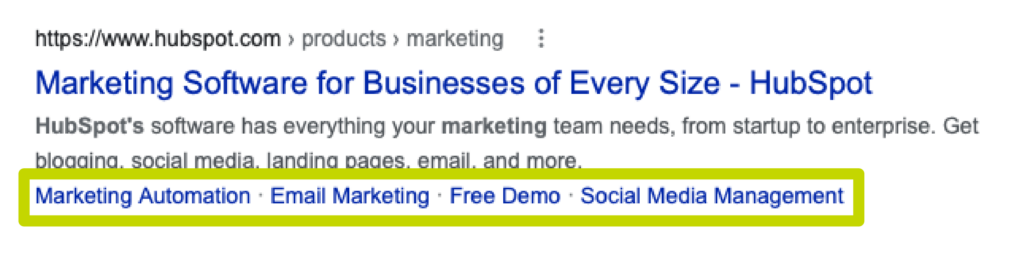 An example of jump to links in Google's search results for HubSpot.
