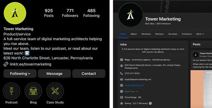 screenshot of Tower Marketing's Instagram and Facebook profiles