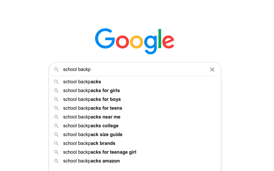 Google search bar with Google Autocomplete suggestions