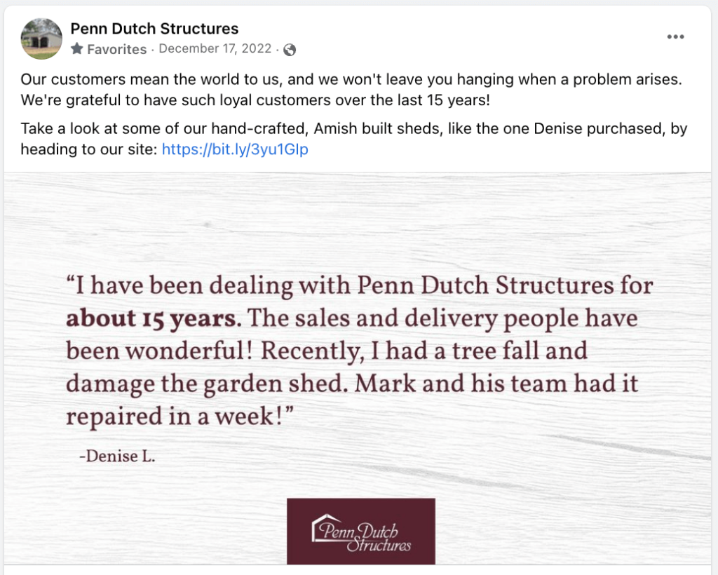 An example of a facebook post where a company is sharing a customer review as social proof of its service.