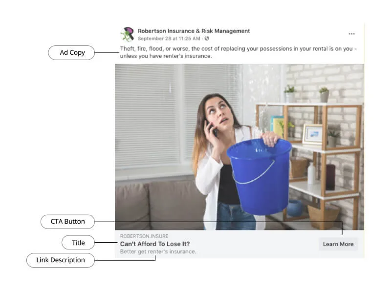 A Tower Facebook ad example showing the pieces of an ad.