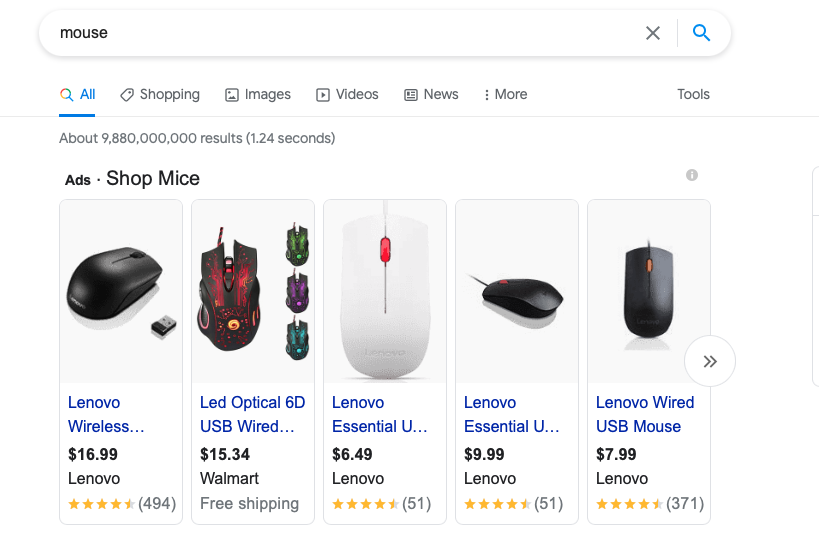 Google search for the word "mouse"