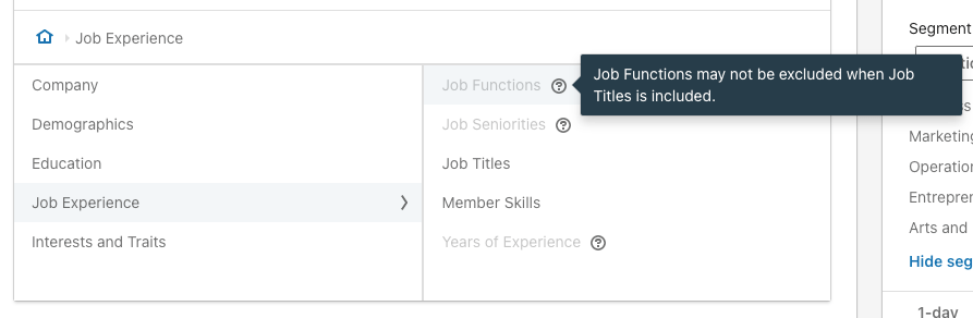 An example screenshot showing that Job Functions cannot be excluded when Job Titles are included. 