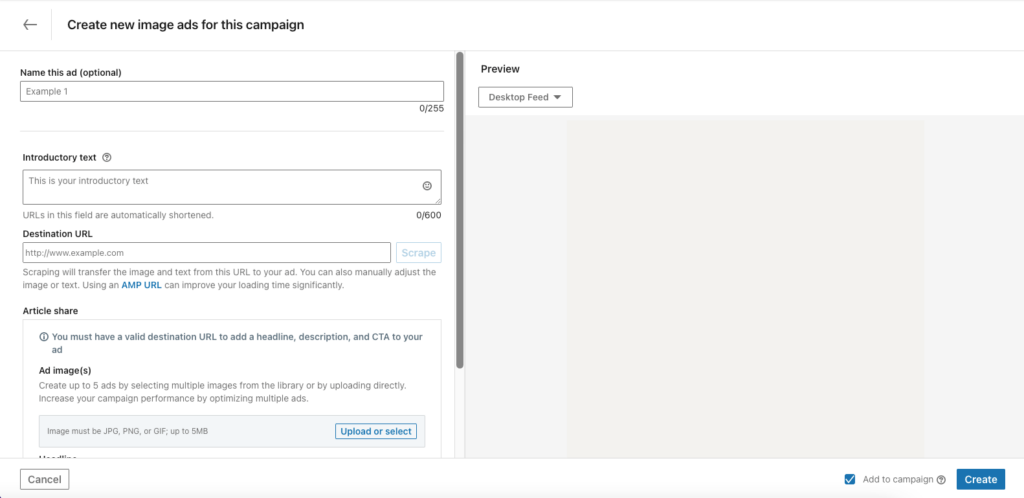 Screenshot of the screen you'll see when you are creating a LinkedIn ad. 
