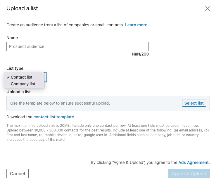 A screenshot showing the two options for retargeting audiences, a contact list or a company list.
