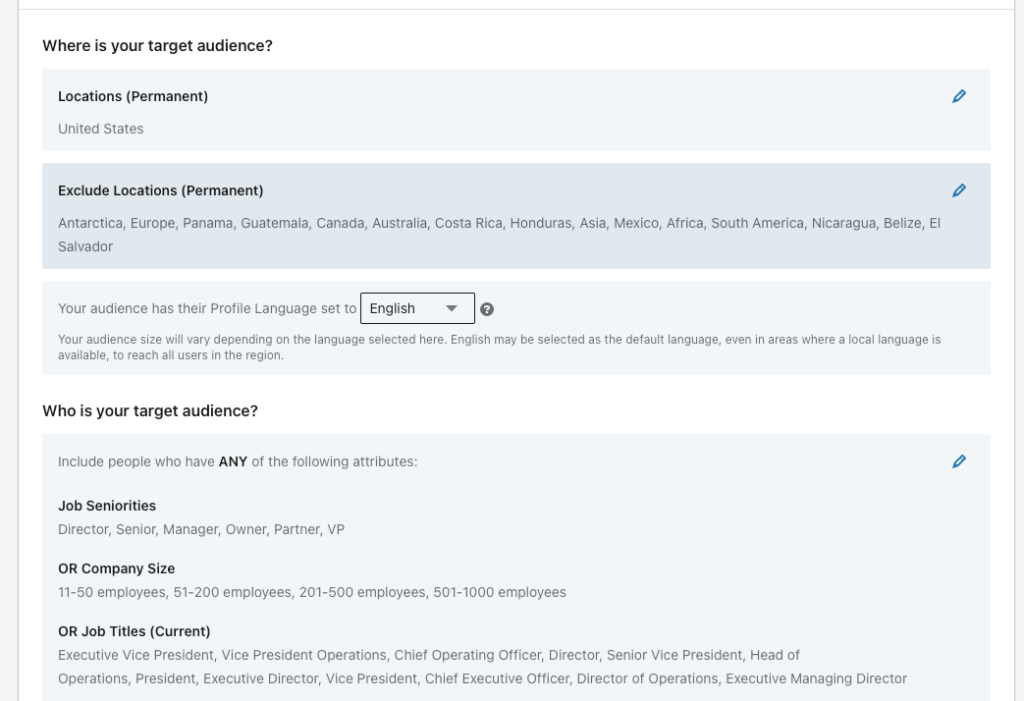 An example of a LinkedIn audience within Campaign Manager