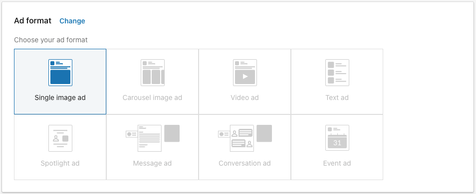 A screenshot showing the different types of ad formats that you can use in your LinkedIn campaign.