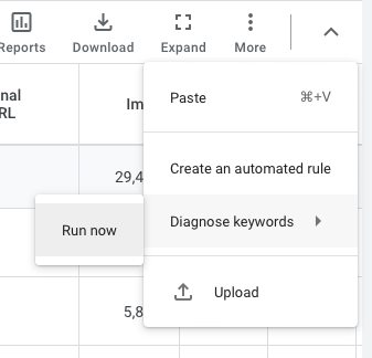A screenshot of how to run a diagnostic report for keywords in Google Ads.