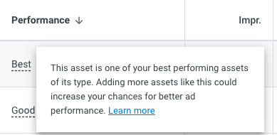 Notification in Google Ads that you have a high performing asset.
