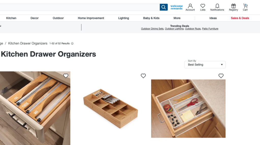 A landing page displaying images of kitchen drawer organizers.