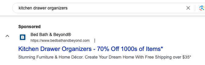 A search query of "kitchen drawer organizers" that results in a sponsored ad with the same meta title.