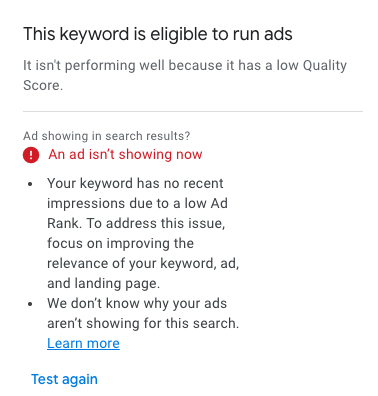 A notification in Google Ads telling the user that their ad isn't showing due to low ad rank.