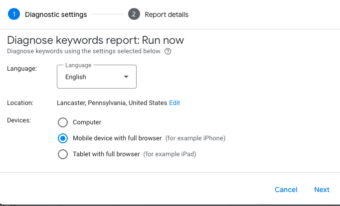 Running a diagnostic test for keywords in Google Ads.