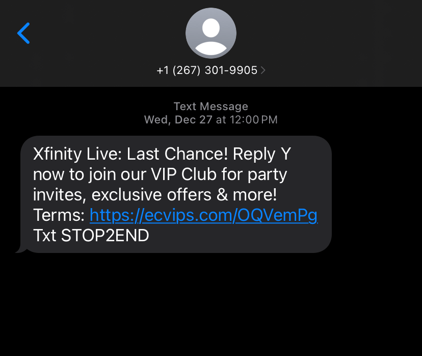 A screenshot of a text message from Xfinity Live, asking to join their VIP Club.