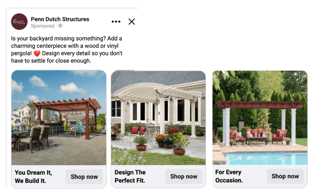A screenshot of a facebook carousel ad for pergolas.
