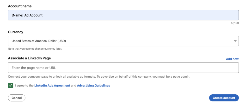 LinkedIn ad account set up page.
