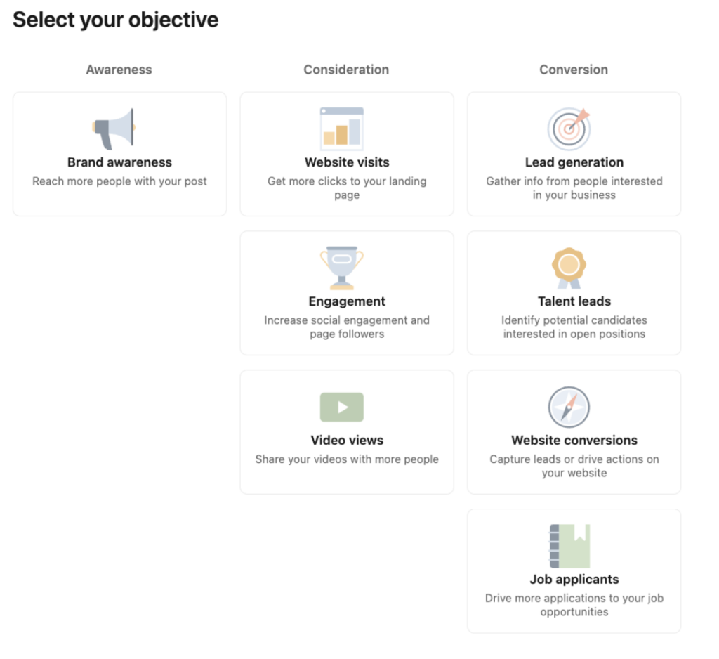 LinkedIn ad campaign objective selections.