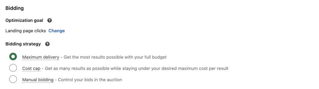 LinkedIn ad campaign bidding strategy options.