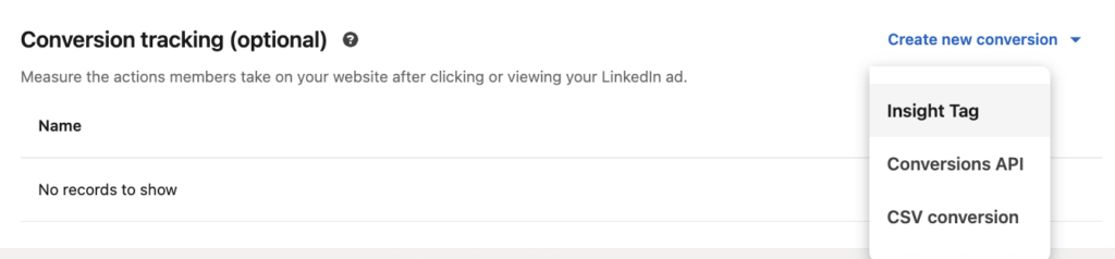 LinkedIn ad campaign conversion tracking options.