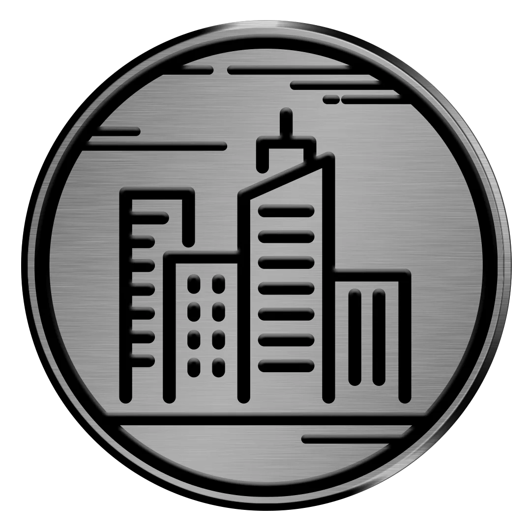 black skyscrapers on a silver badge