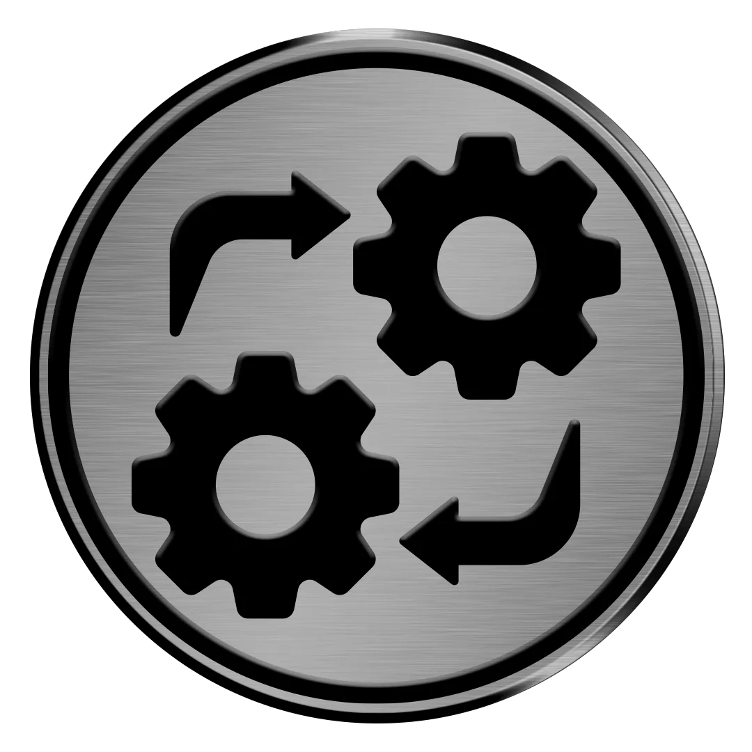 two black gears on a silver badge
