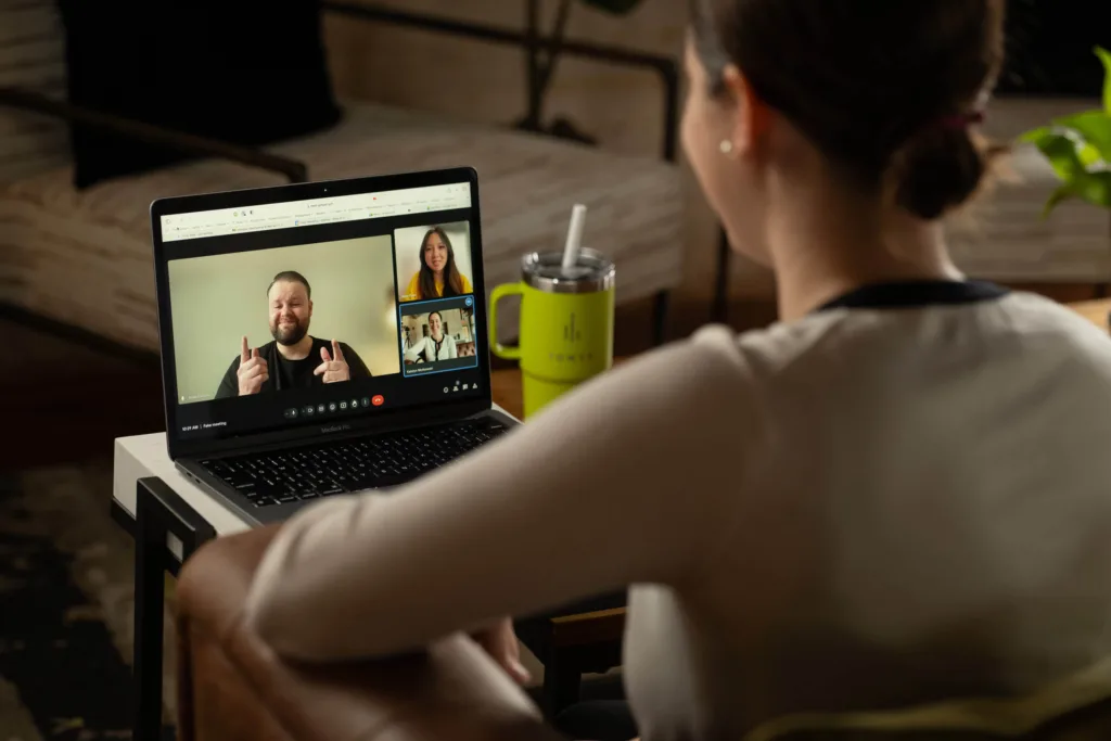 A team that does digital marketing for staffing agencies chats on a virtual call.