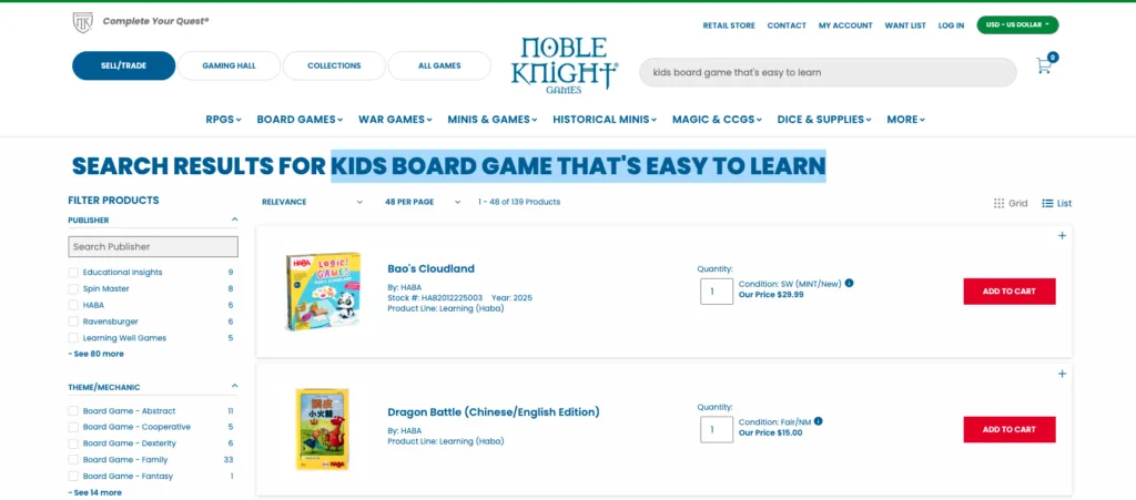 Screenshot of Noble Knight Games website showing a search for a kids board game that's easy to learn.