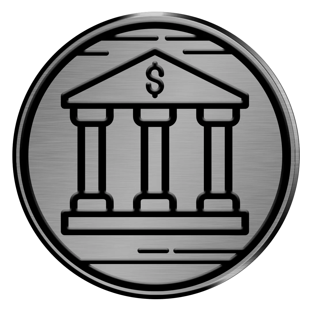 Silver circular badge showing the icon of a bank with a money sign on it