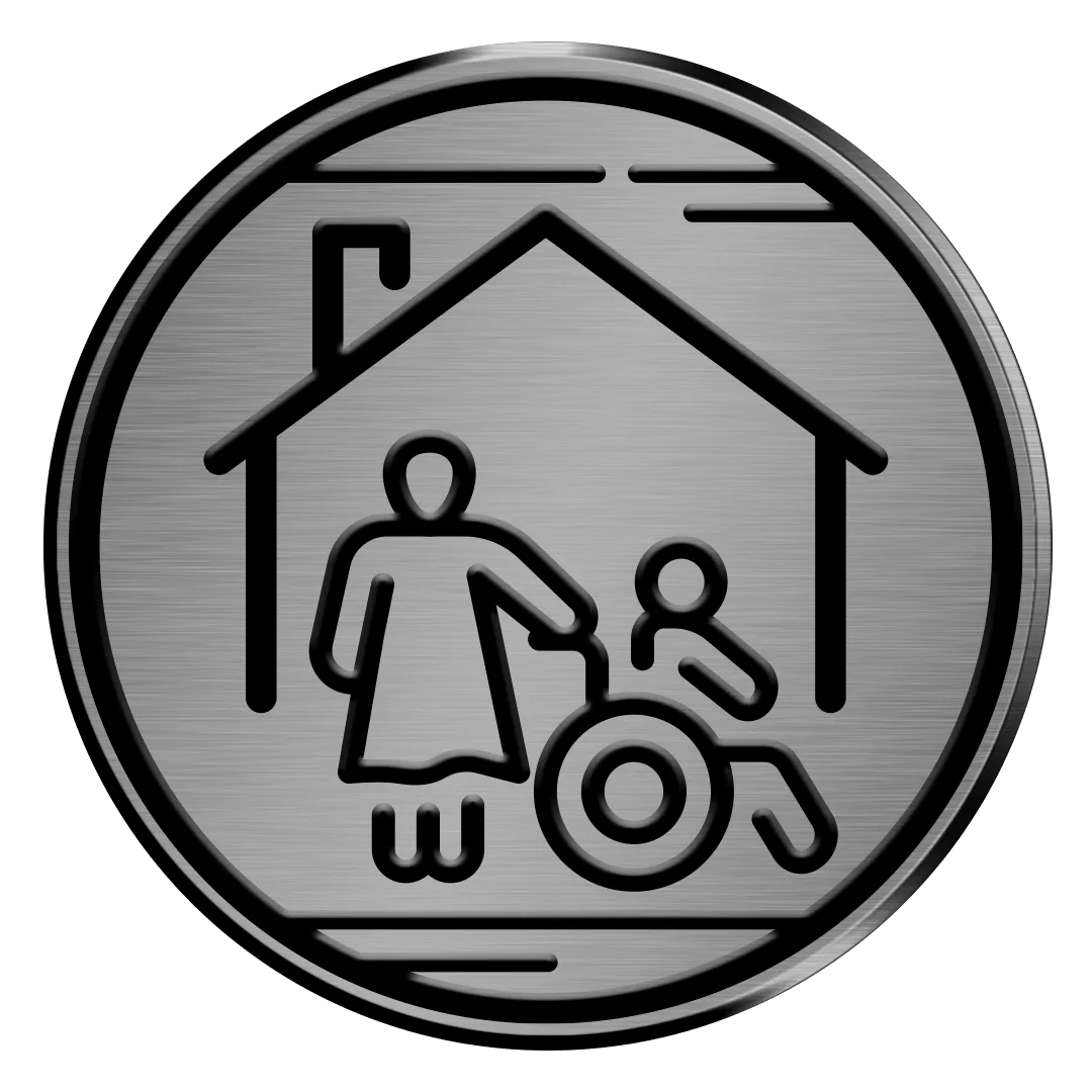 Silver senior living industry badge with person in wheelchair