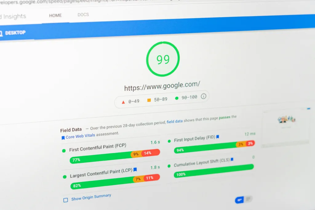 Website core web vitals of performance metrics for Google