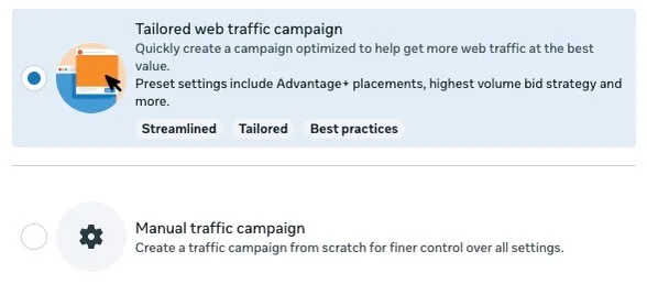 Screenshot of the first step in setting up a Meta traffic ad campaign