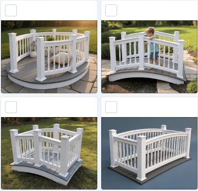Four images of a "garden bridge" generated by Meta AI that are not accurate to the products offered